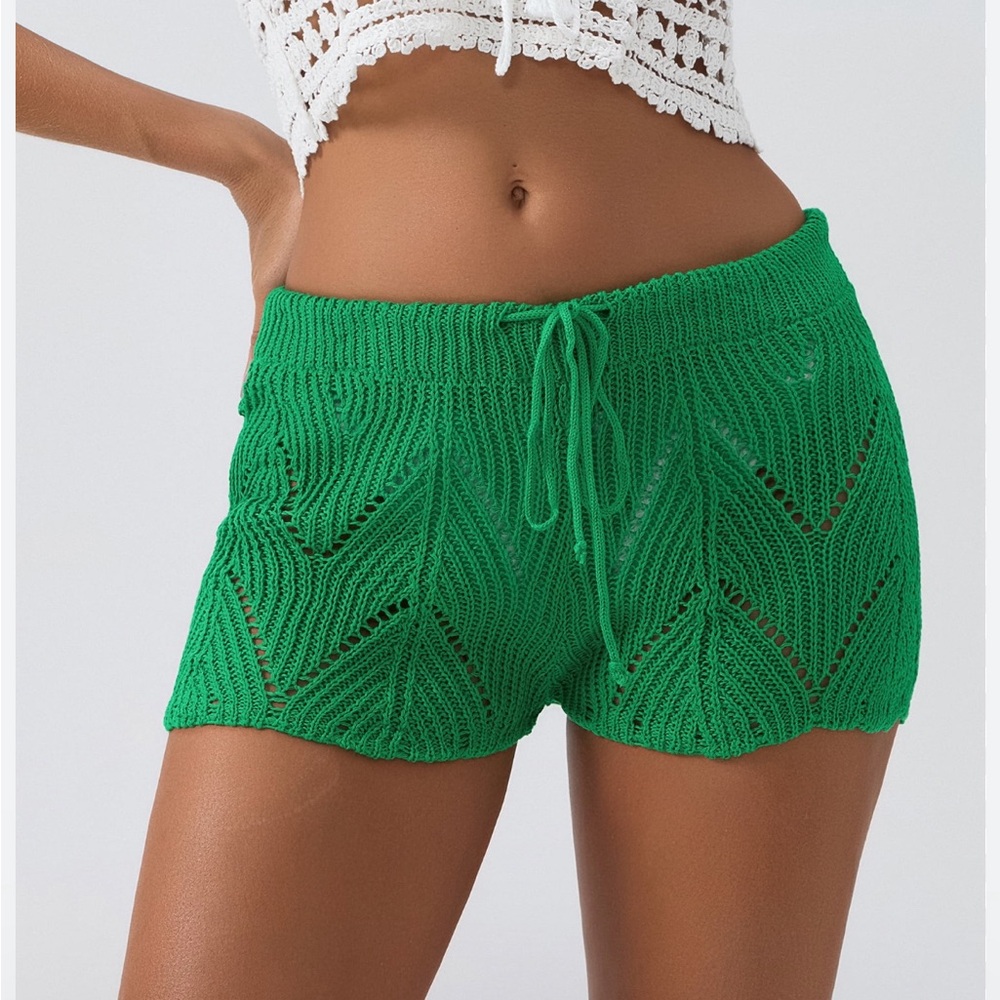 Y2K Style Beach Green waist tieKnit Crochet Shorts Size M